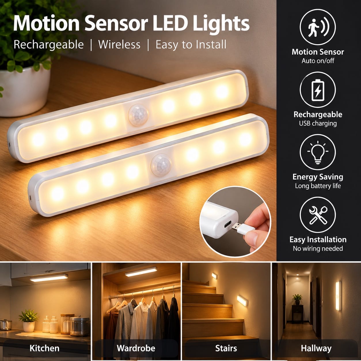 Rechargeable Motion Sensor LED Lights – 2 Pack